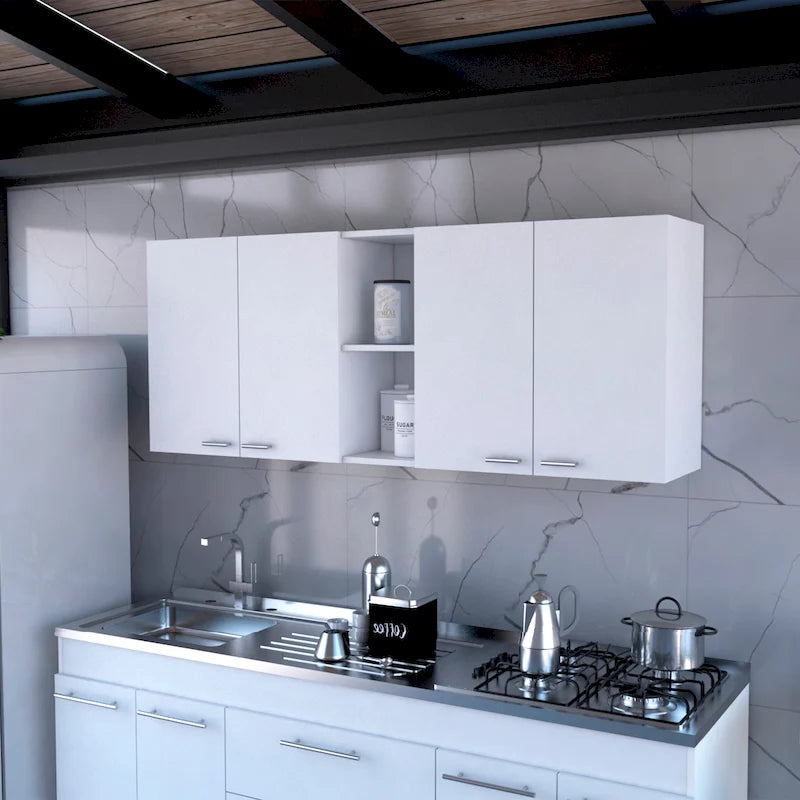 Meuble haut de cuisine moderne avec quatre portes et étagères ouvertes