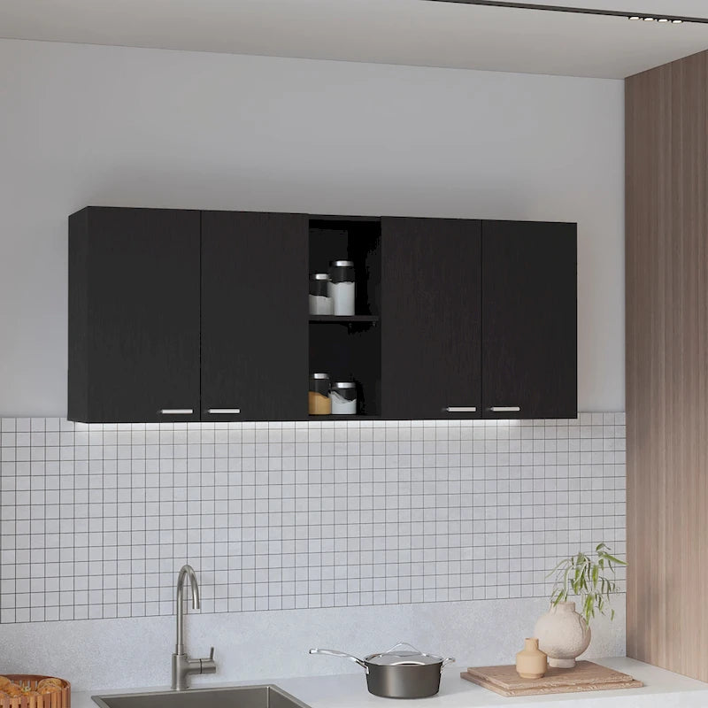 Meuble haut de cuisine moderne avec quatre portes et étagères ouvertes