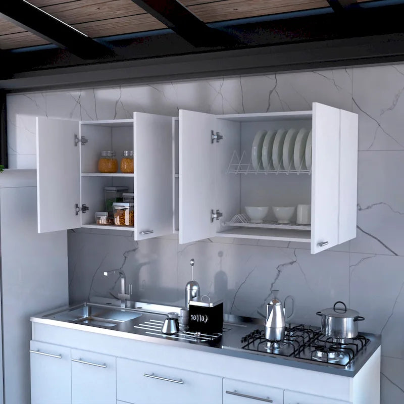 Meuble haut de cuisine moderne avec quatre portes et étagères ouvertes
