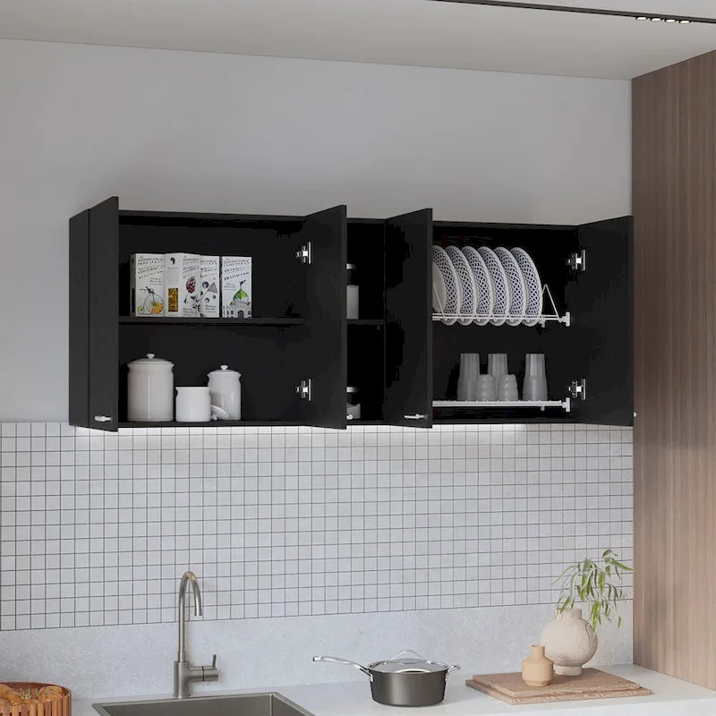 Meuble haut de cuisine moderne avec quatre portes et étagères ouvertes