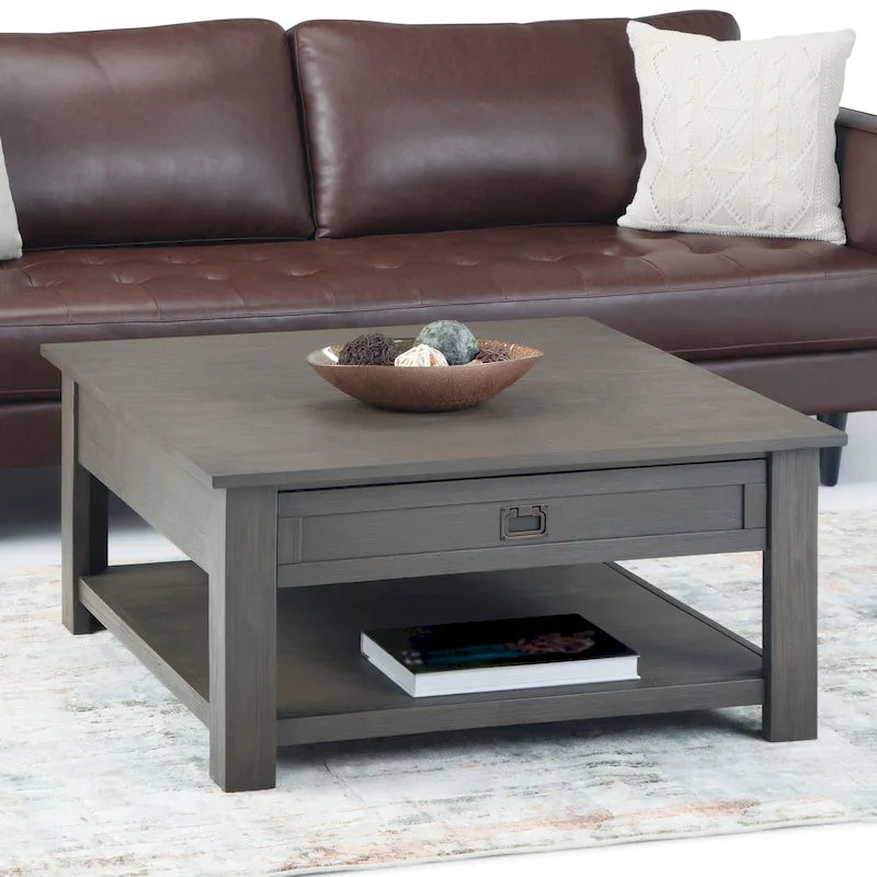 Table basse carrée en acacia massif rustique avec tiroirs et étagère