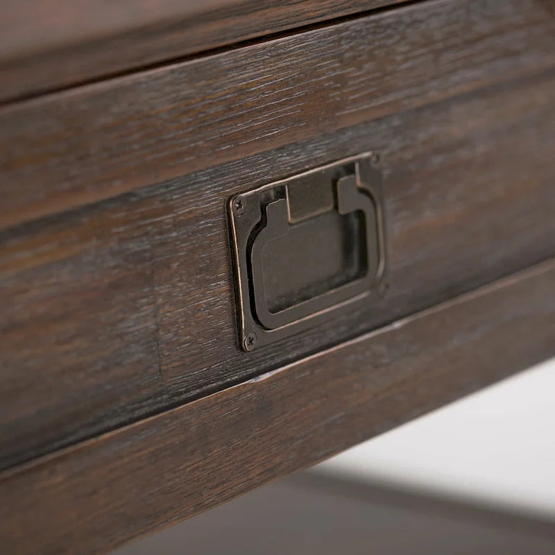 Table basse carrée en acacia massif rustique avec tiroirs et étagère