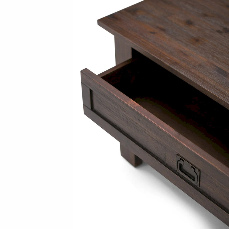 Table basse carrée en acacia massif rustique avec tiroirs et étagère