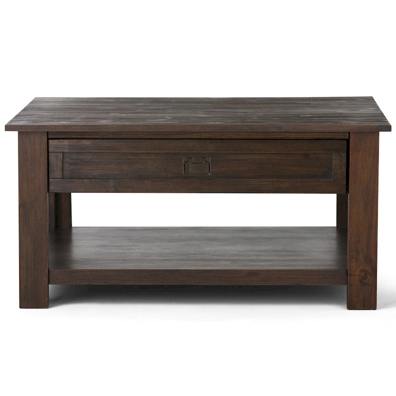 Table basse carrée en acacia massif rustique avec tiroirs et étagère