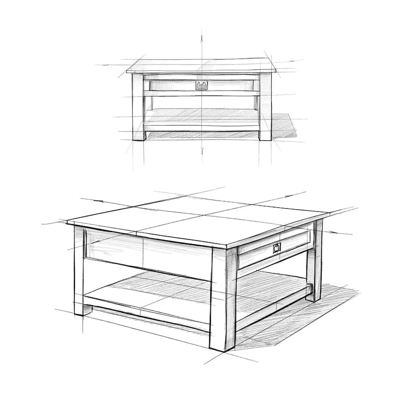 Table basse carrée en acacia massif rustique avec tiroirs et étagère