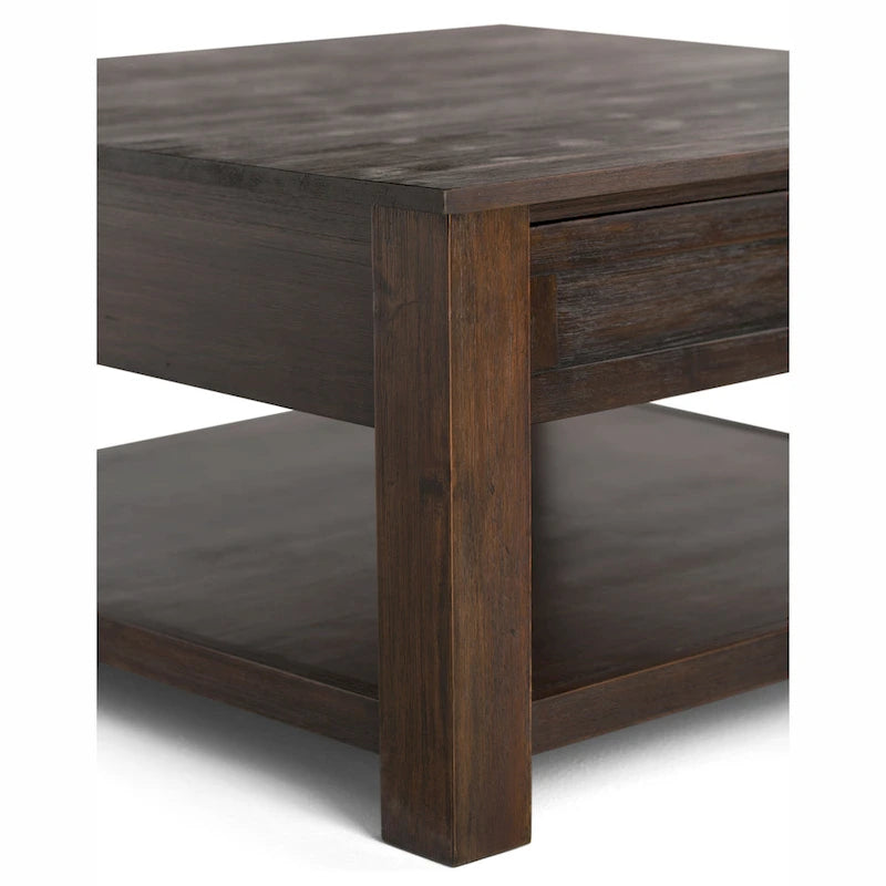 Table basse carrée en acacia massif rustique avec tiroirs et étagère