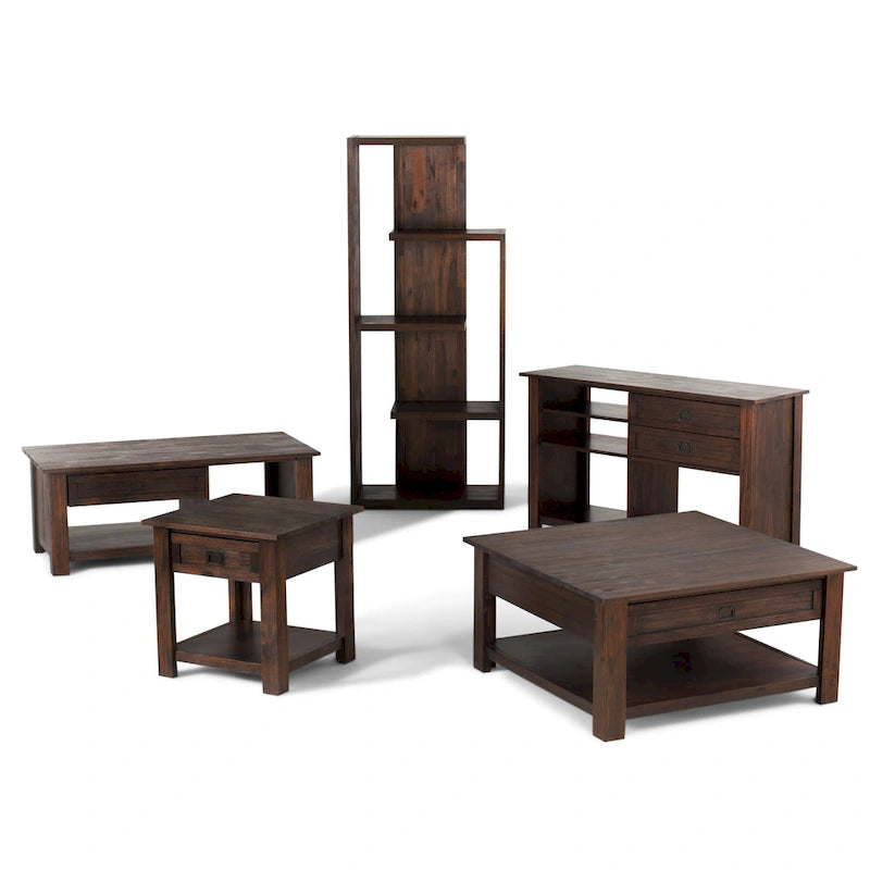 Table basse carrée en acacia massif rustique avec tiroirs et étagère