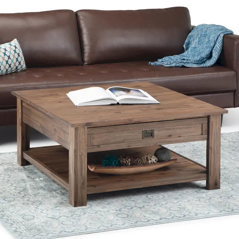 Table basse carrée en acacia massif rustique avec tiroirs et étagère