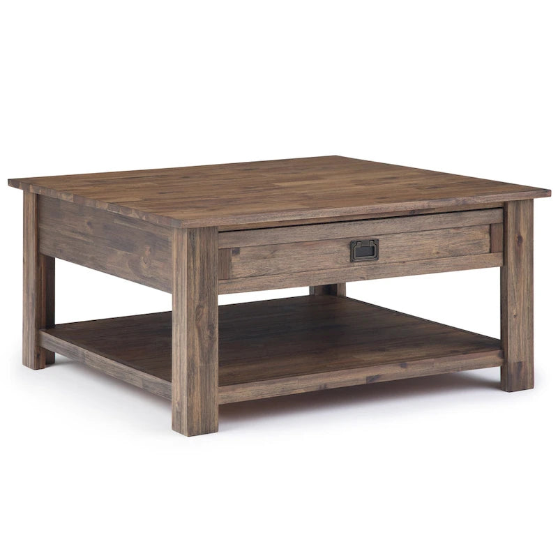 Table basse carrée en acacia massif rustique avec tiroirs et étagère
