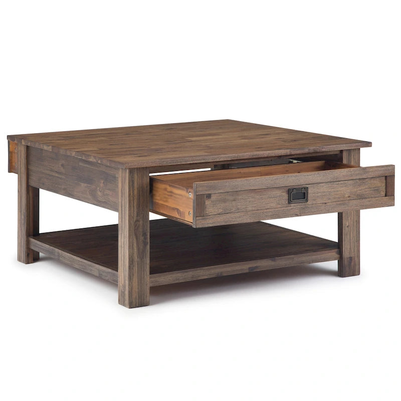 Table basse carrée en acacia massif rustique avec tiroirs et étagère