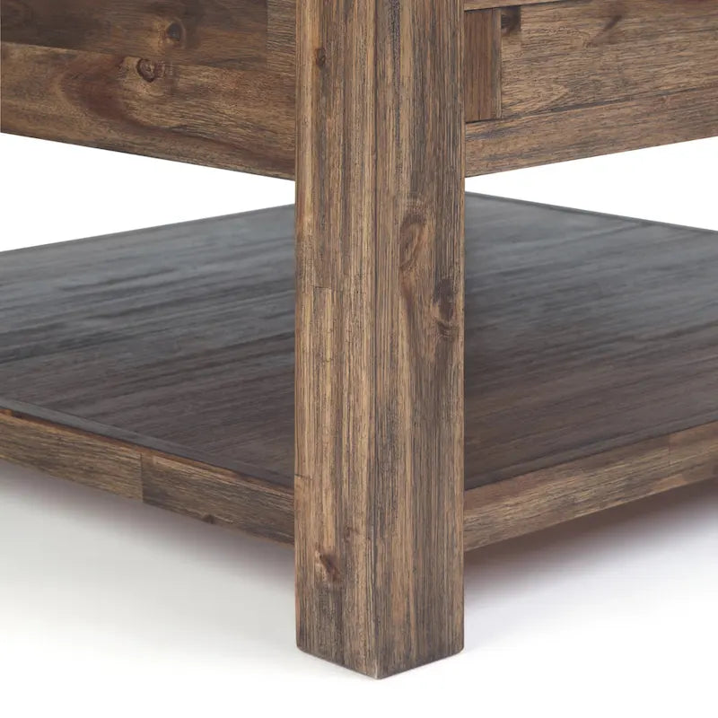 Table basse carrée en acacia massif rustique avec tiroirs et étagère
