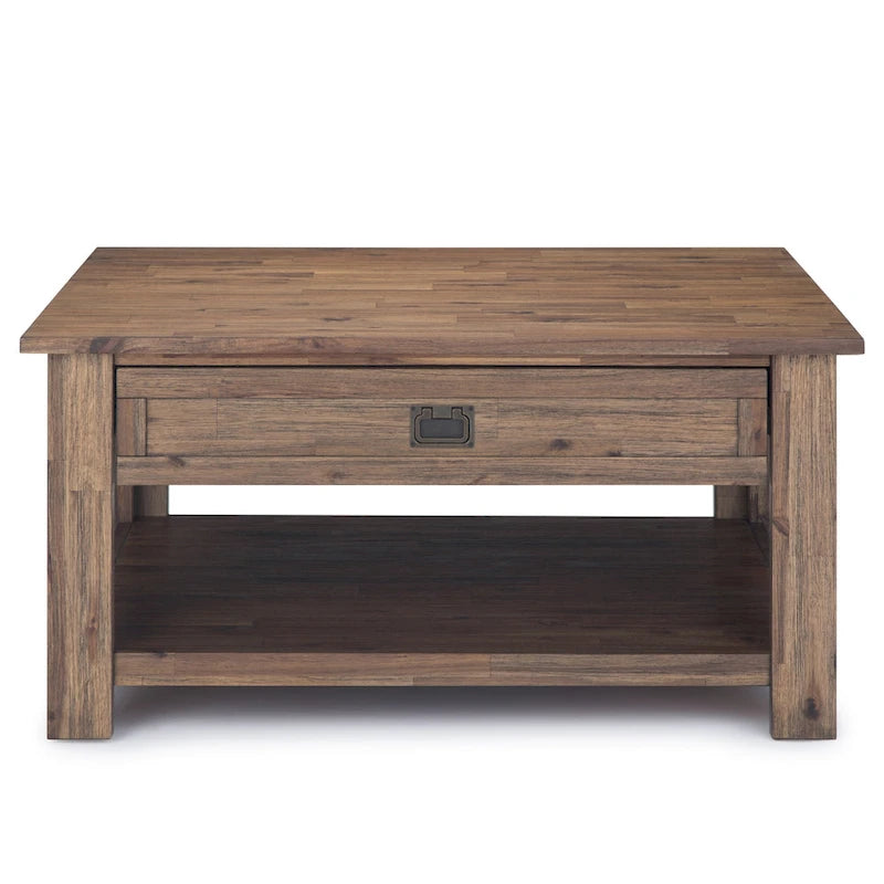 Table basse carrée en acacia massif rustique avec tiroirs et étagère