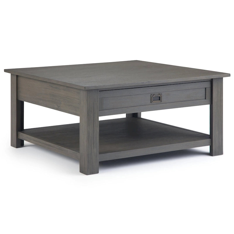 Table basse carrée en acacia massif rustique avec tiroirs et étagère
