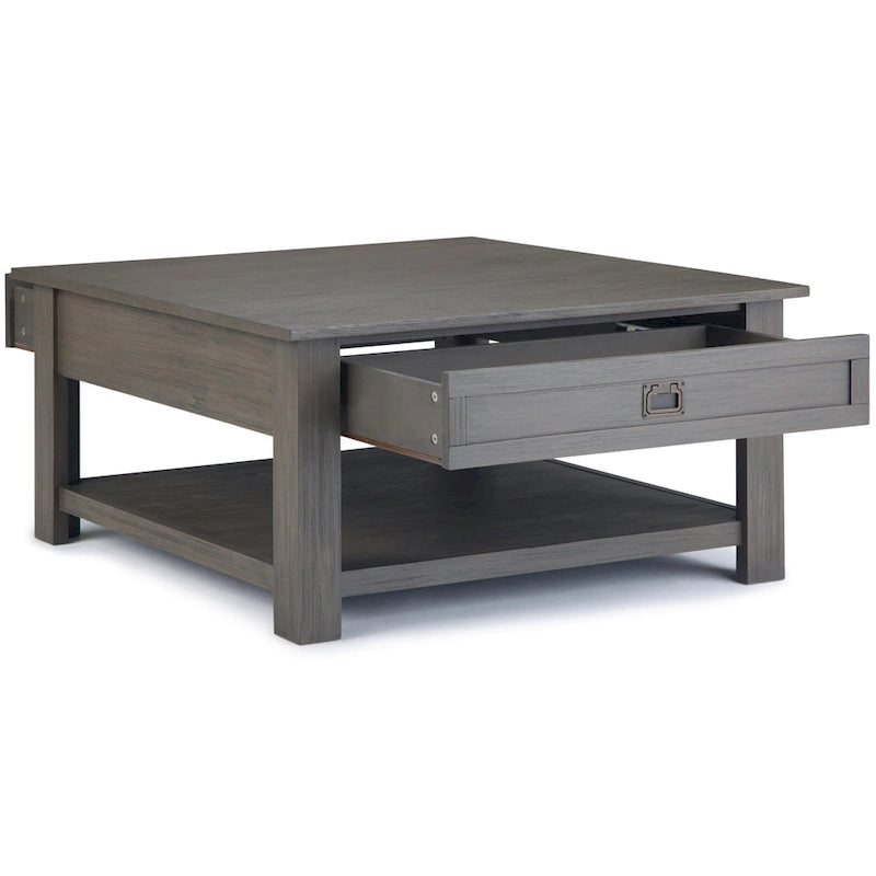 Table basse carrée en acacia massif rustique avec tiroirs et étagère