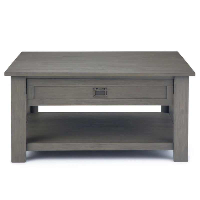 Table basse carrée en acacia massif rustique avec tiroirs et étagère