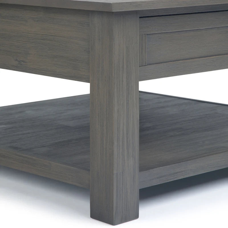 Table basse carrée en acacia massif rustique avec tiroirs et étagère