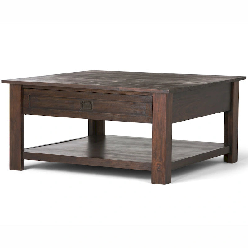 Table basse carrée en acacia massif rustique avec tiroirs et étagère