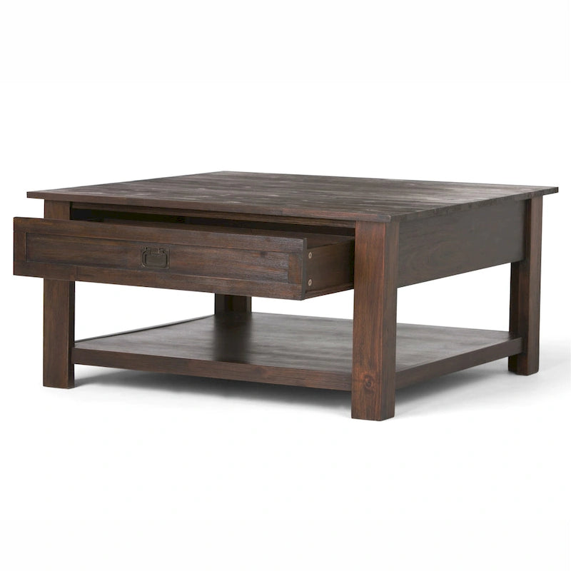 Table basse carrée en acacia massif rustique avec tiroirs et étagère