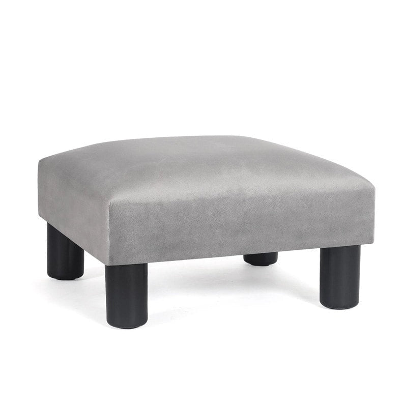 Petit pouf rembourré carré avec pieds noirs en tissu gris