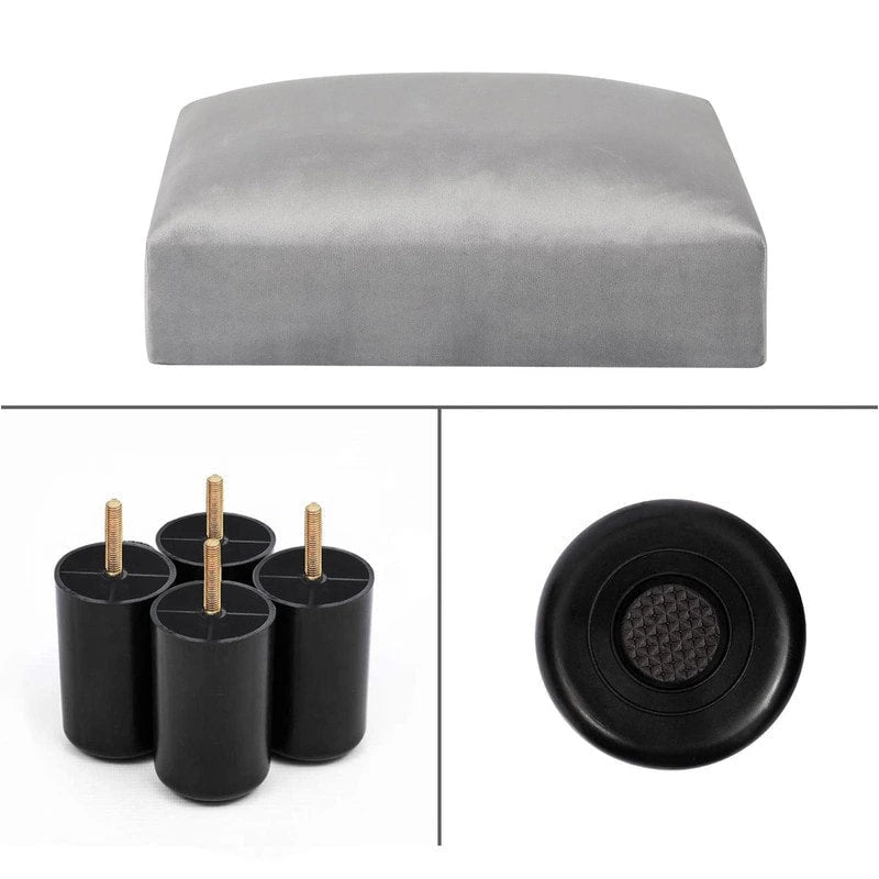 Petit pouf rembourré carré avec pieds noirs en tissu gris