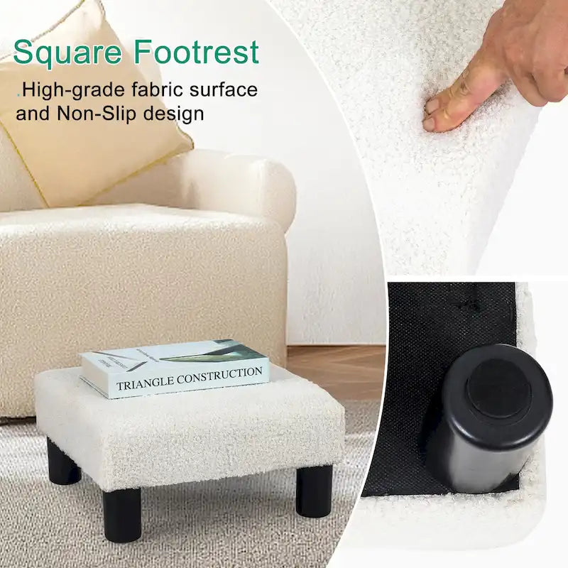 Petit pouf rembourré carré avec pieds noirs en tissu gris