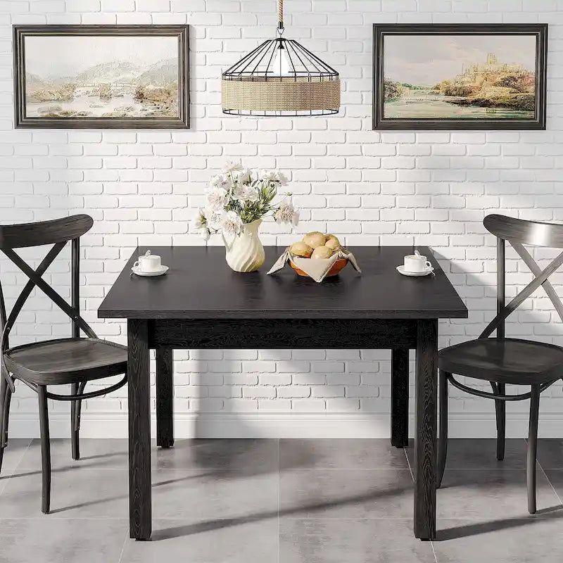 Table à manger carrée rustique marron et noire avec pieds en bois massif