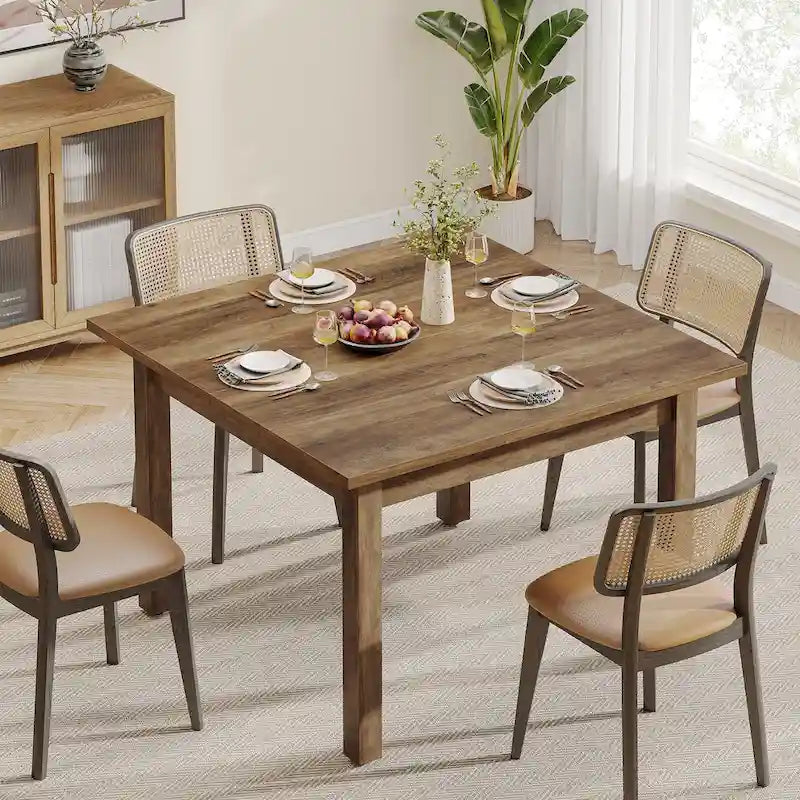 Table à manger carrée rustique marron et noire avec pieds en bois massif