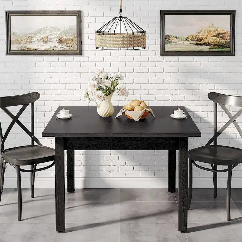 Table à manger carrée rustique marron et noire avec pieds en bois massif