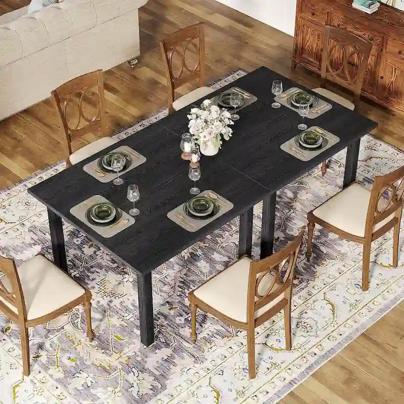 Table à manger carrée rustique marron et noire avec pieds en bois massif