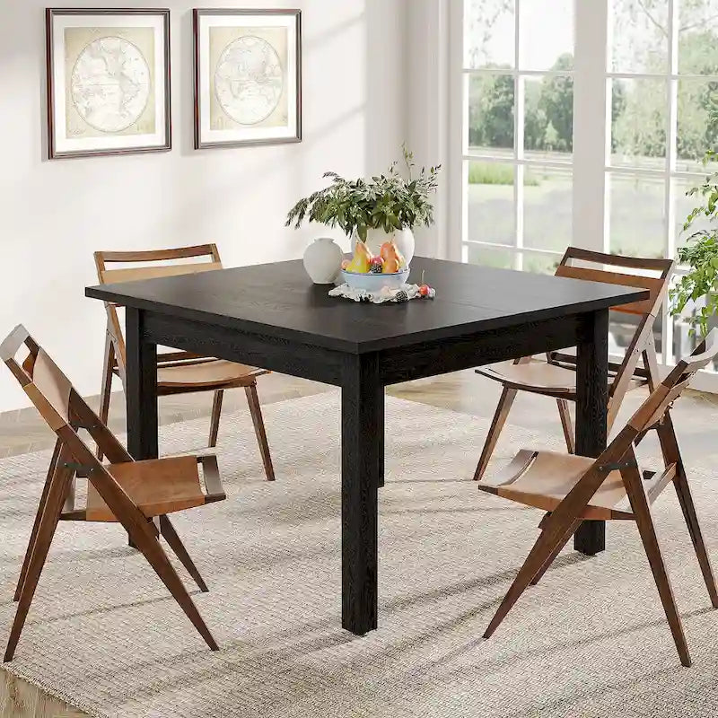 Table à manger carrée rustique marron et noire avec pieds en bois massif