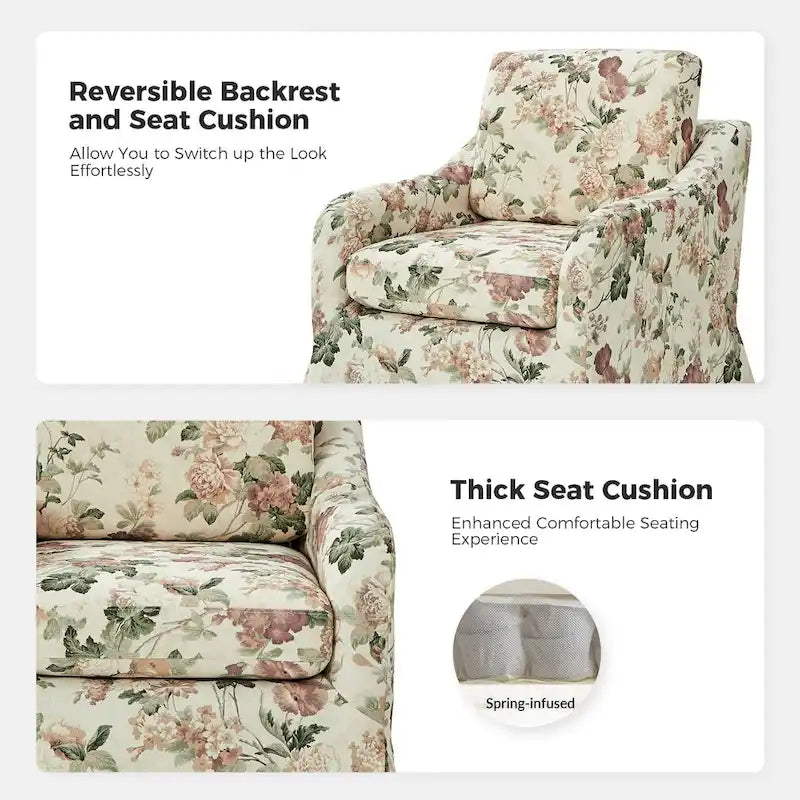 Fauteuil d'appoint pivotant déhoussable à motif floral avec coussin amovible lavable