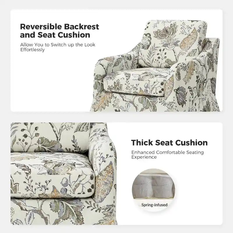 Fauteuil d'appoint pivotant déhoussable à motif floral avec coussin amovible lavable
