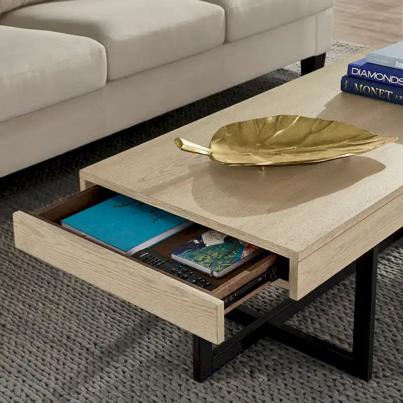 Table basse finition bois avec deux tiroirs et base en métal noir