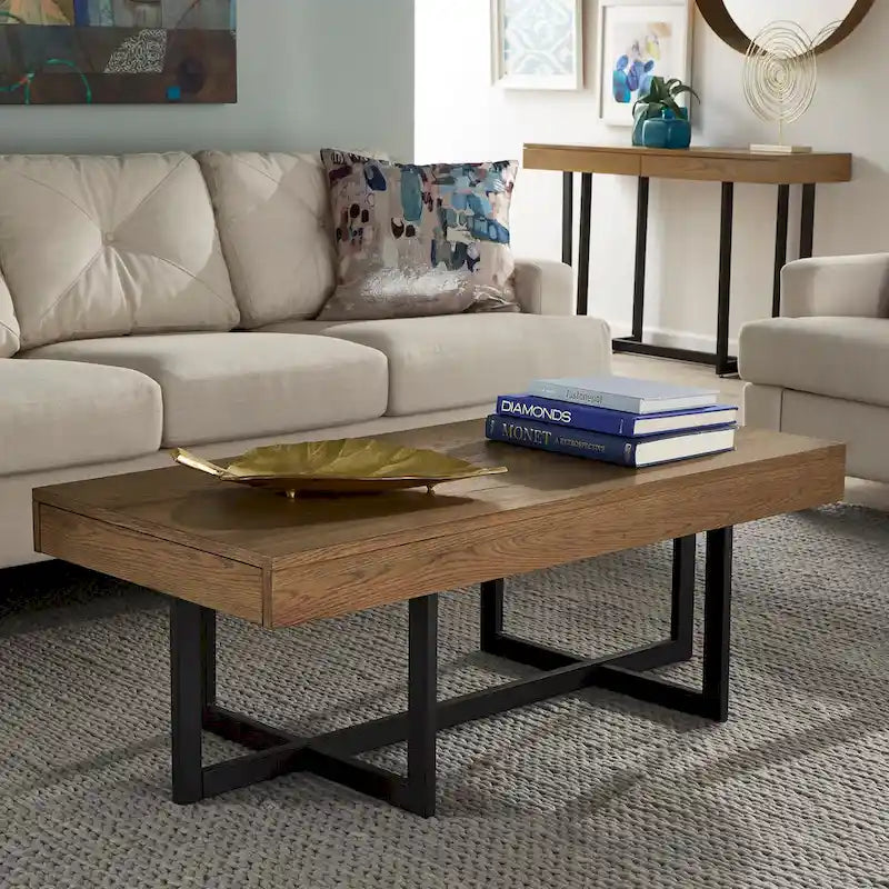 Table basse finition bois avec deux tiroirs et base en métal noir