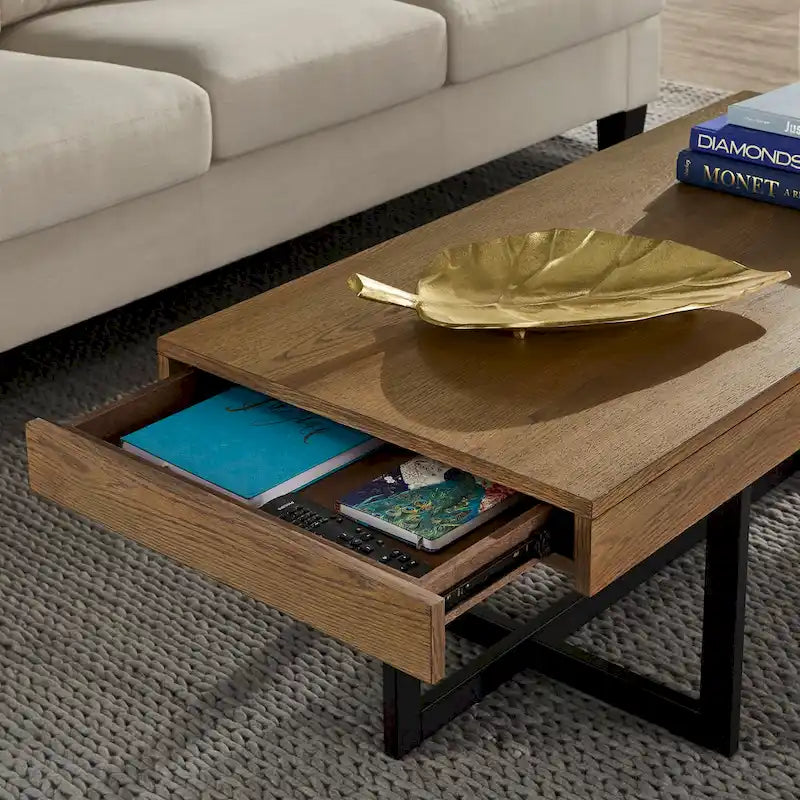 Table basse finition bois avec deux tiroirs et base en métal noir