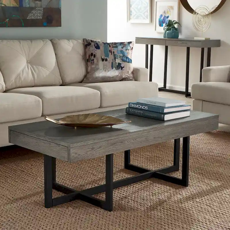 Table basse finition bois avec deux tiroirs et base en métal noir