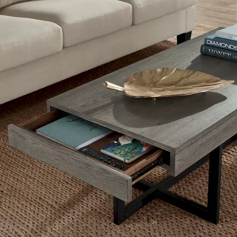 Table basse finition bois avec deux tiroirs et base en métal noir