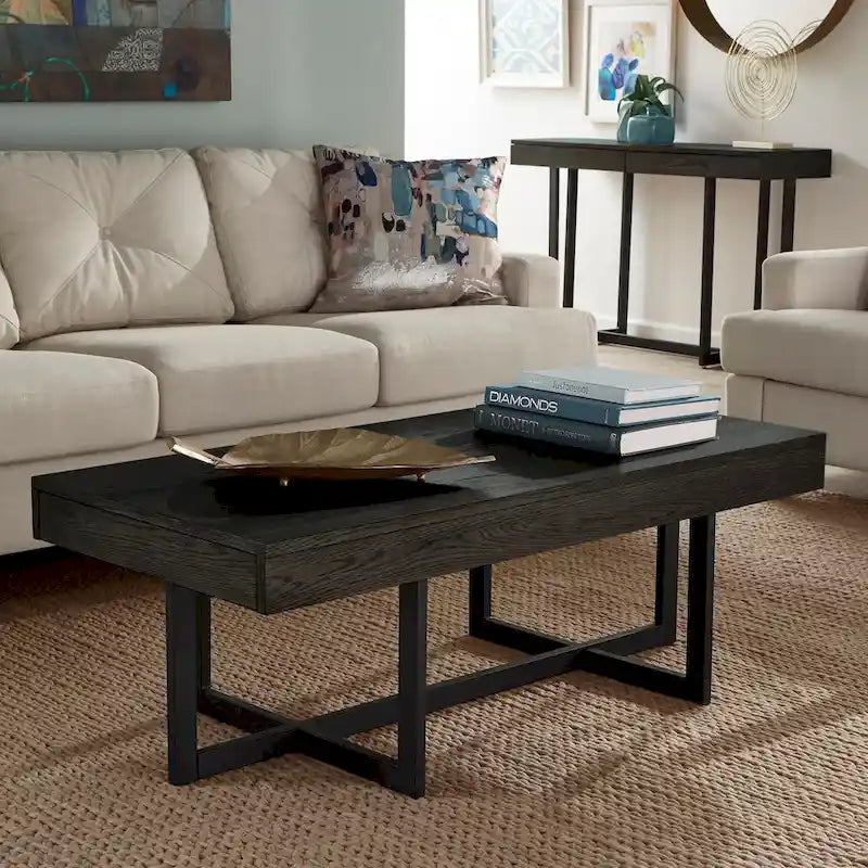 Table basse finition bois avec deux tiroirs et base en métal noir