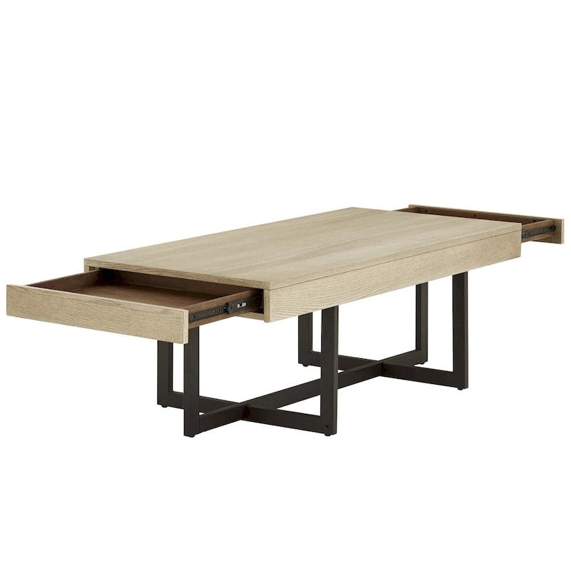 Table basse finition bois avec deux tiroirs et base en métal noir