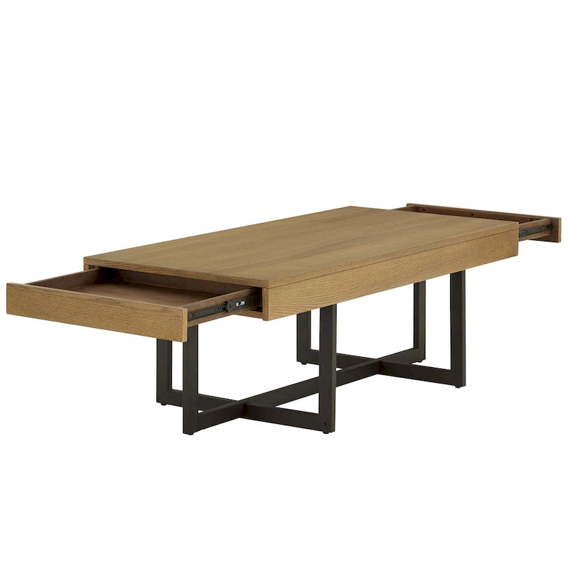 Table basse finition bois avec deux tiroirs et base en métal noir