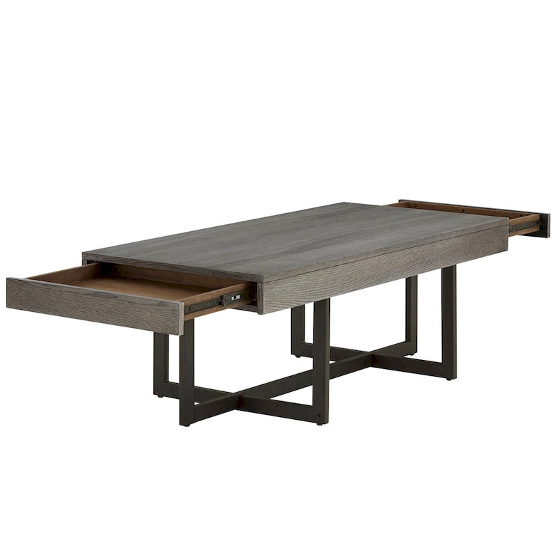 Table basse finition bois avec deux tiroirs et base en métal noir