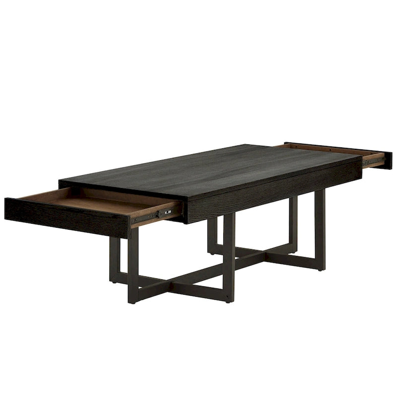 Table basse finition bois avec deux tiroirs et base en métal noir