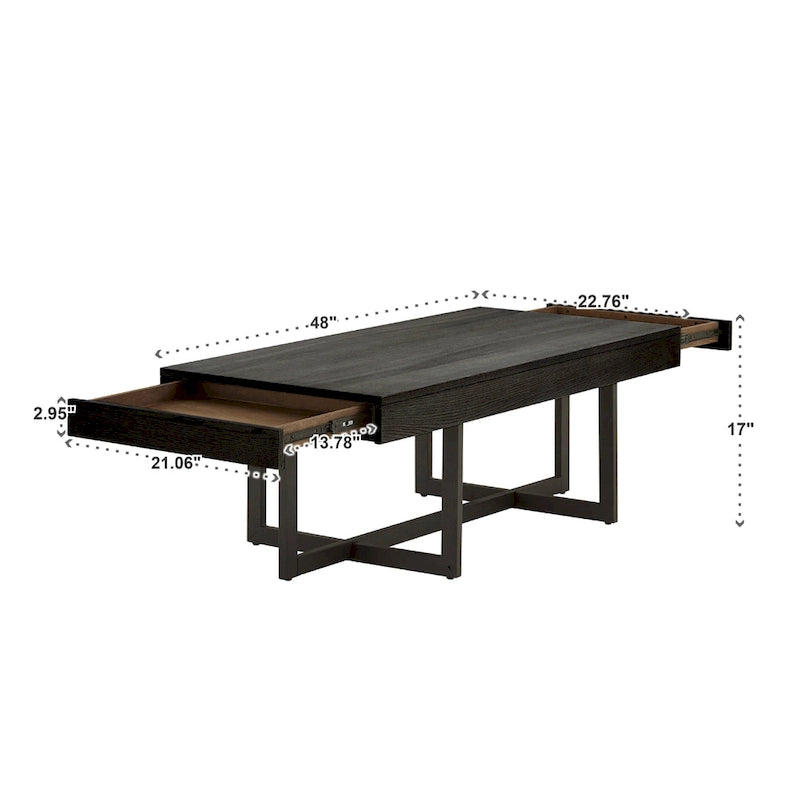Table basse finition bois avec deux tiroirs et base en métal noir