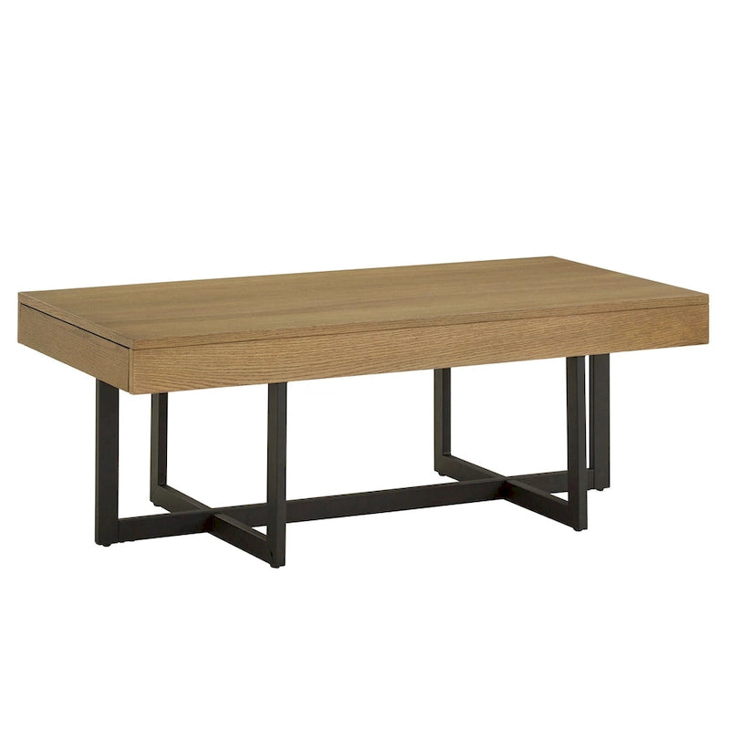 Table basse finition bois avec deux tiroirs et base en métal noir