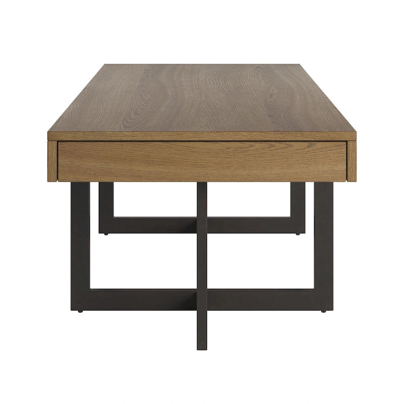 Table basse finition bois avec deux tiroirs et base en métal noir