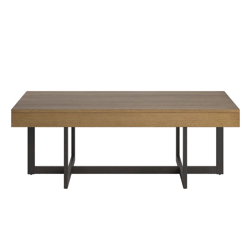 Table basse finition bois avec deux tiroirs et base en métal noir