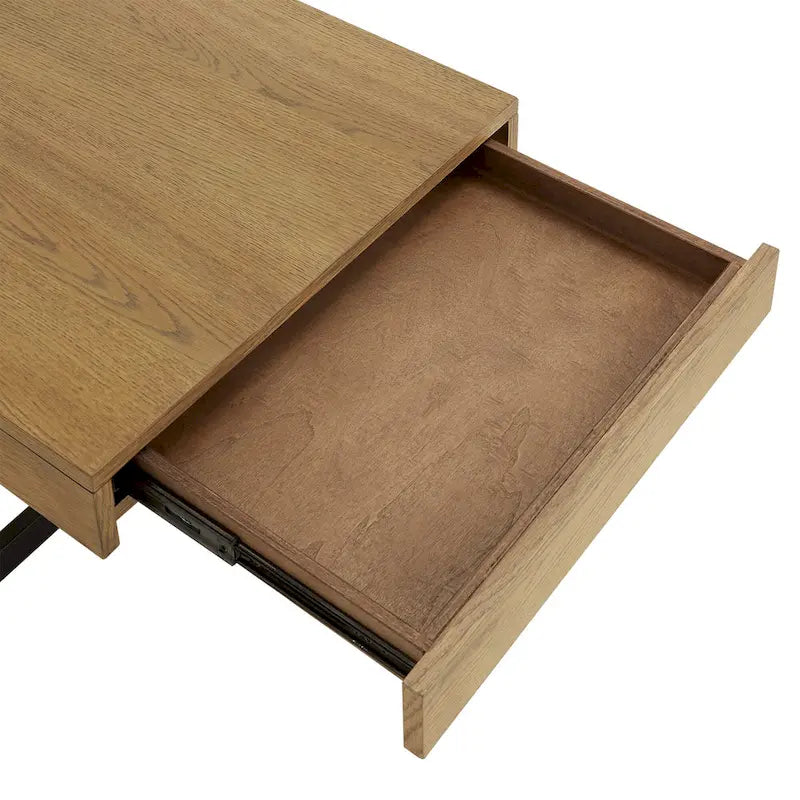 Table basse finition bois avec deux tiroirs et base en métal noir