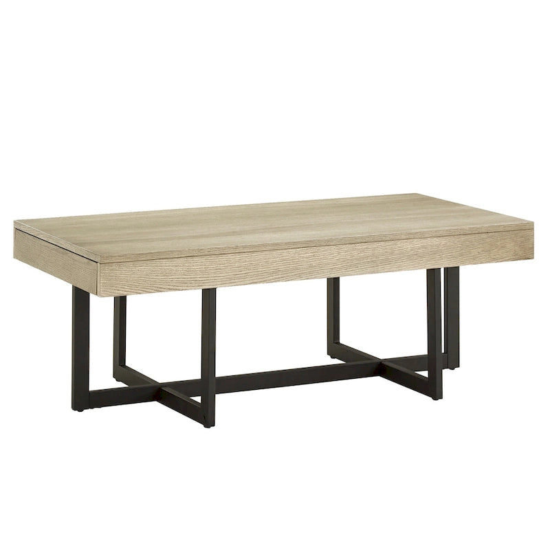Table basse finition bois avec deux tiroirs et base en métal noir