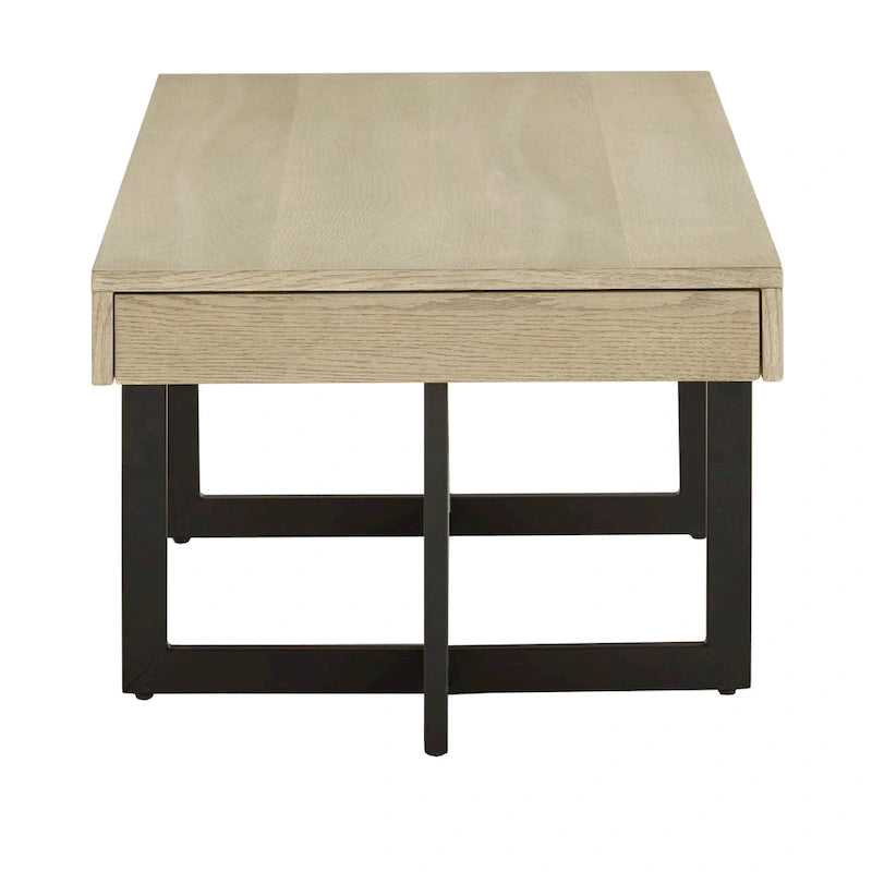Table basse finition bois avec deux tiroirs et base en métal noir