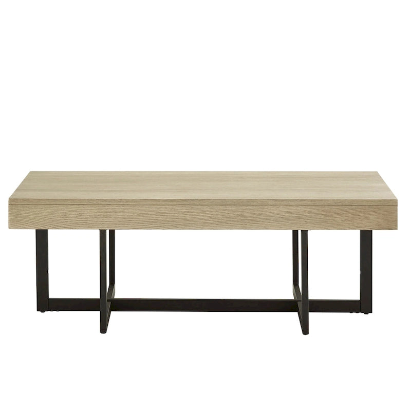 Table basse finition bois avec deux tiroirs et base en métal noir